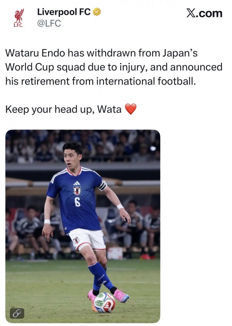 远藤航伤退世界杯 利物浦官推力挺：抬起头来继续前进